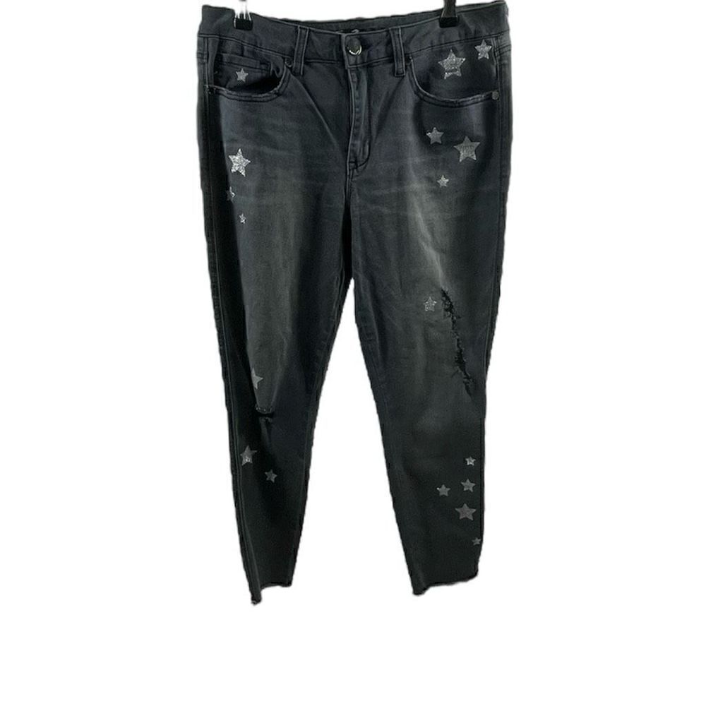 Seven 7 High Rise Ankle Skinny Black Distressed Sparkling Stars Jeans Size 12